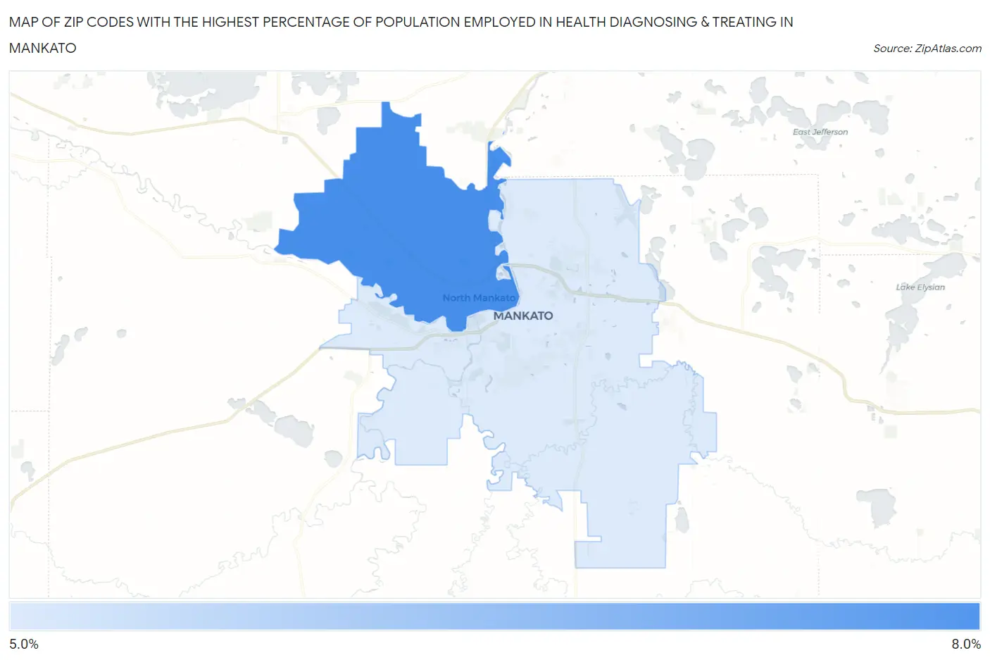 Zip Codes with the Highest Percentage of Population Employed in Health Diagnosing & Treating in Mankato Map