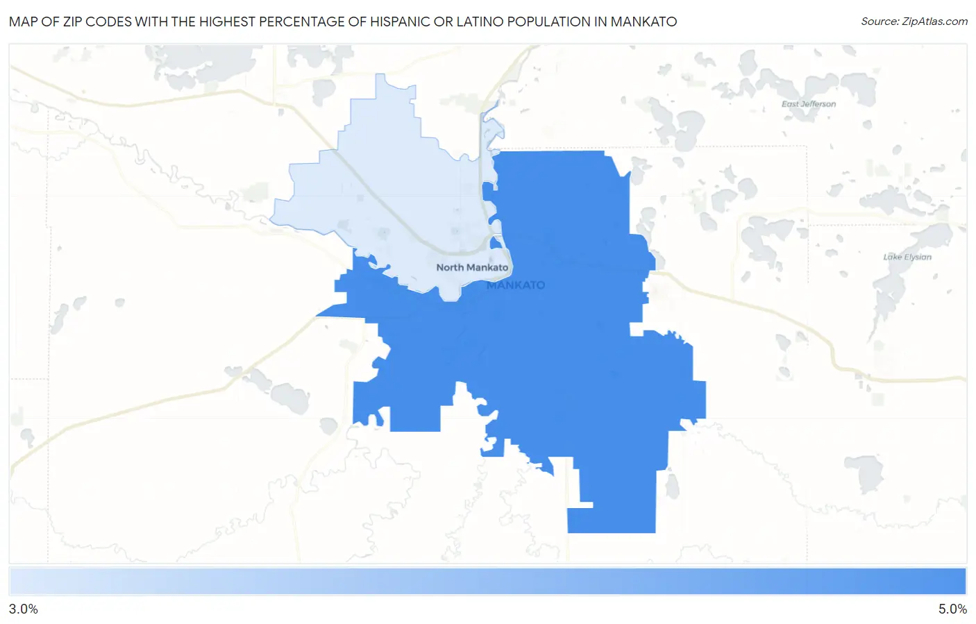 Zip Codes with the Highest Percentage of Hispanic or Latino Population in Mankato Map