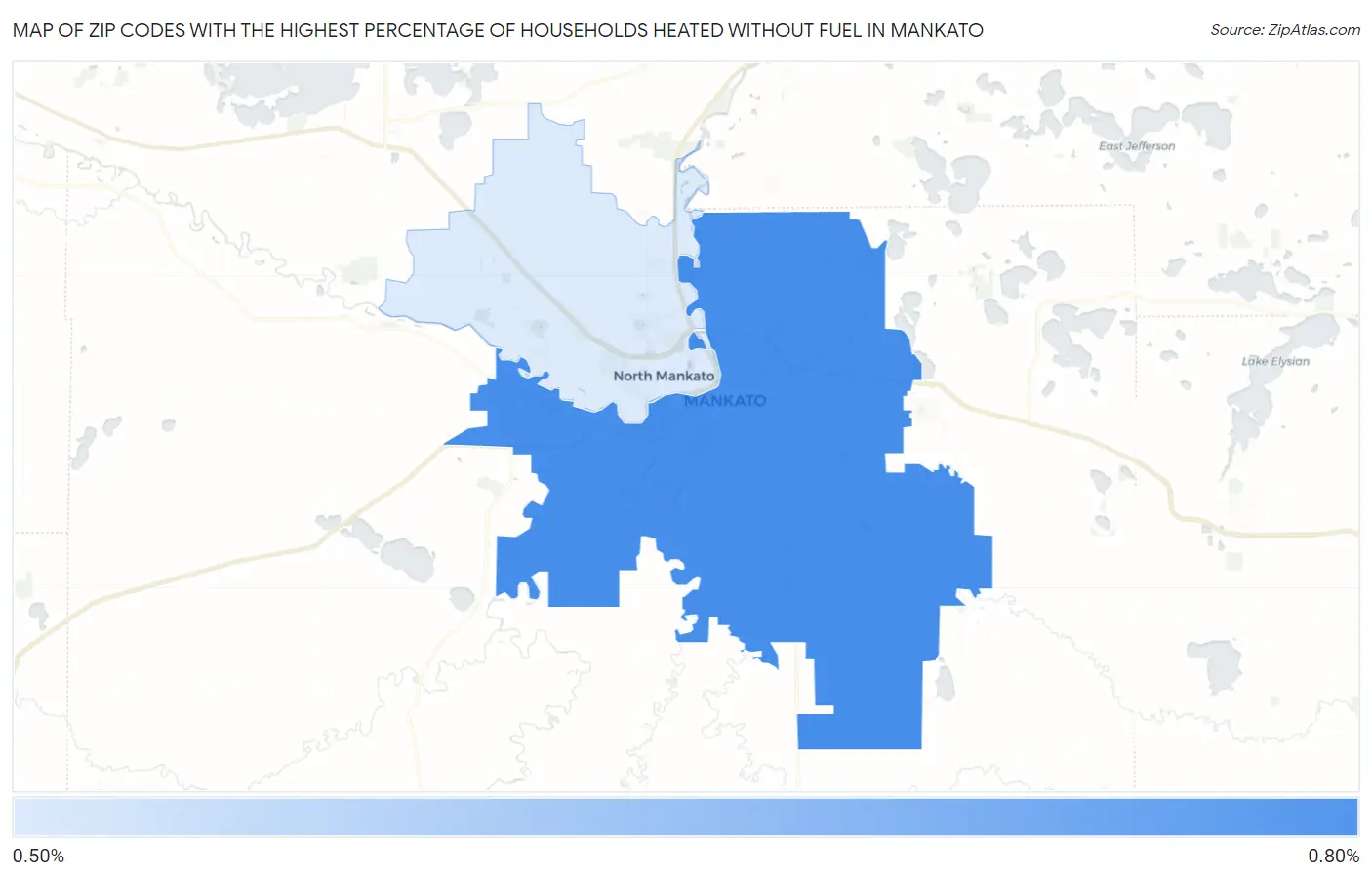 Zip Codes with the Highest Percentage of Households Heated without Fuel in Mankato Map