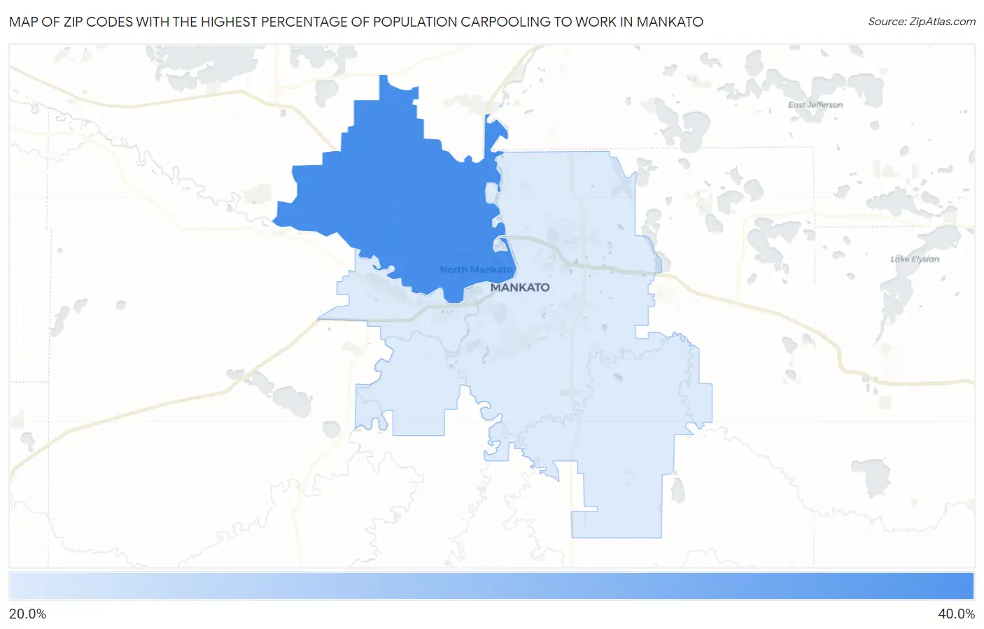 Zip Codes with the Highest Percentage of Population Carpooling to Work in Mankato Map