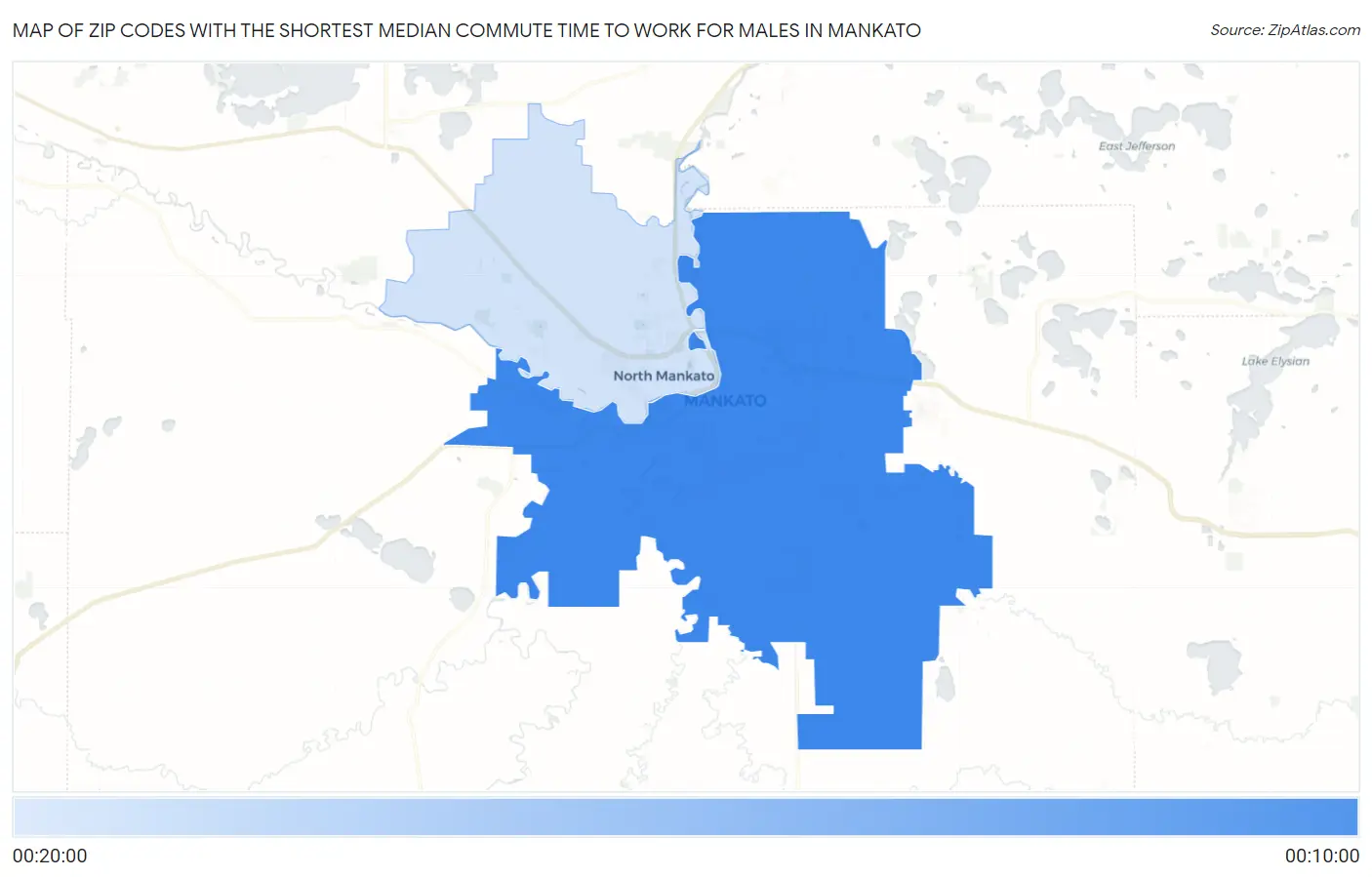 Zip Codes with the Shortest Median Commute Time to Work for Males in Mankato Map