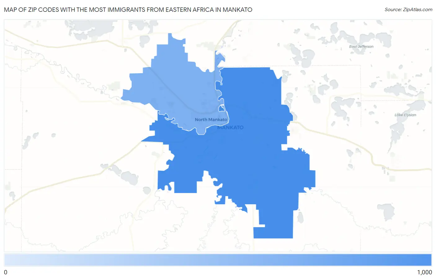 Zip Codes with the Most Immigrants from Eastern Africa in Mankato Map