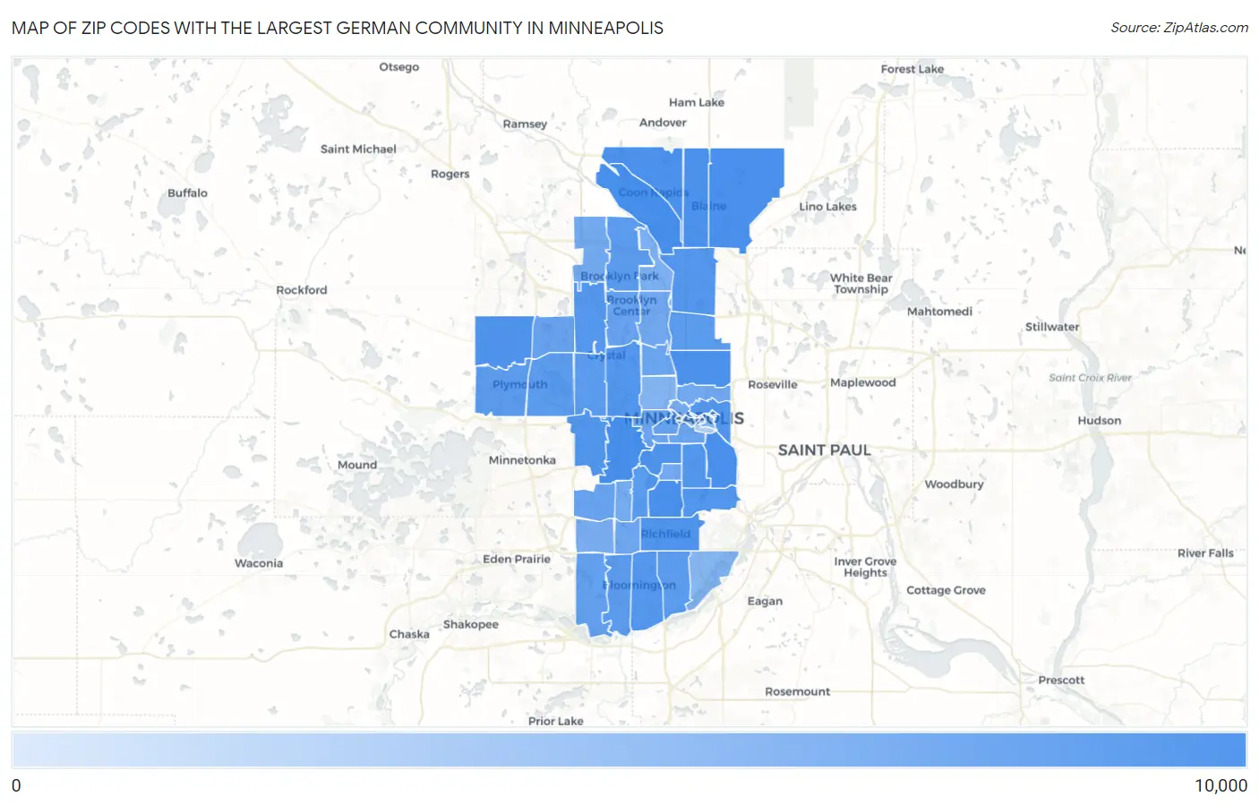 Zip Codes with the Largest German Community in Minneapolis Map