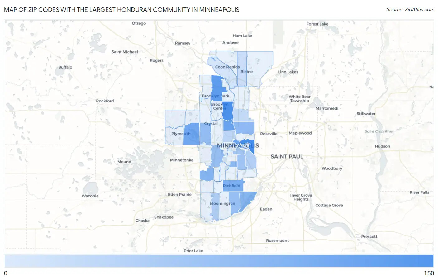 Zip Codes with the Largest Honduran Community in Minneapolis Map