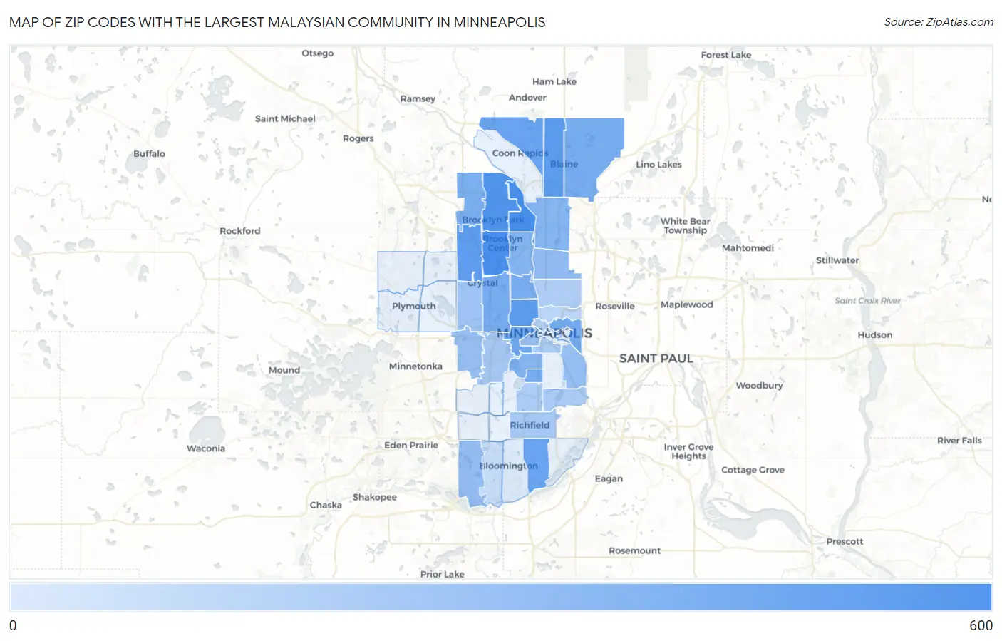 Zip Codes with the Largest Malaysian Community in Minneapolis Map
