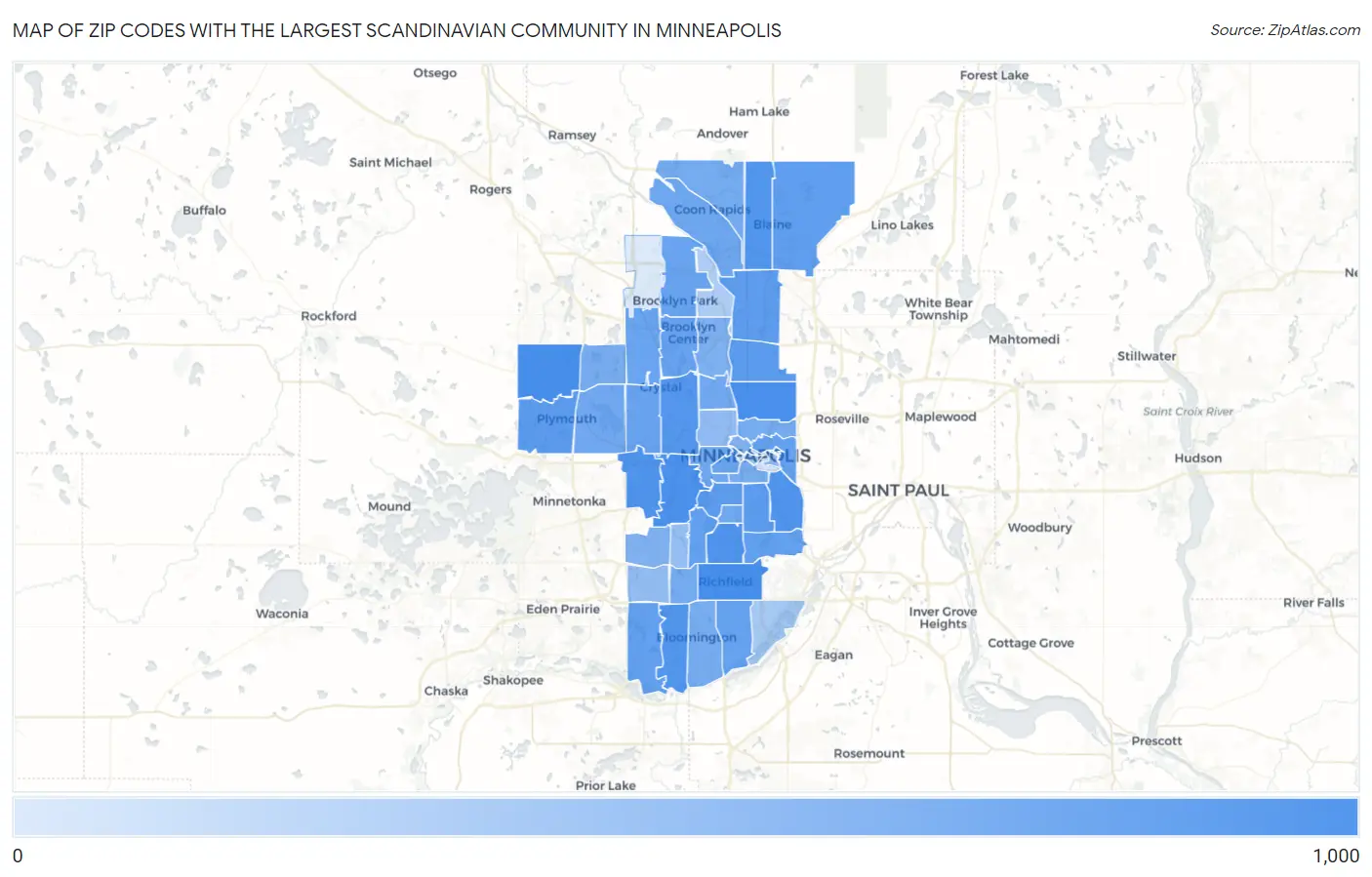 Zip Codes with the Largest Scandinavian Community in Minneapolis Map