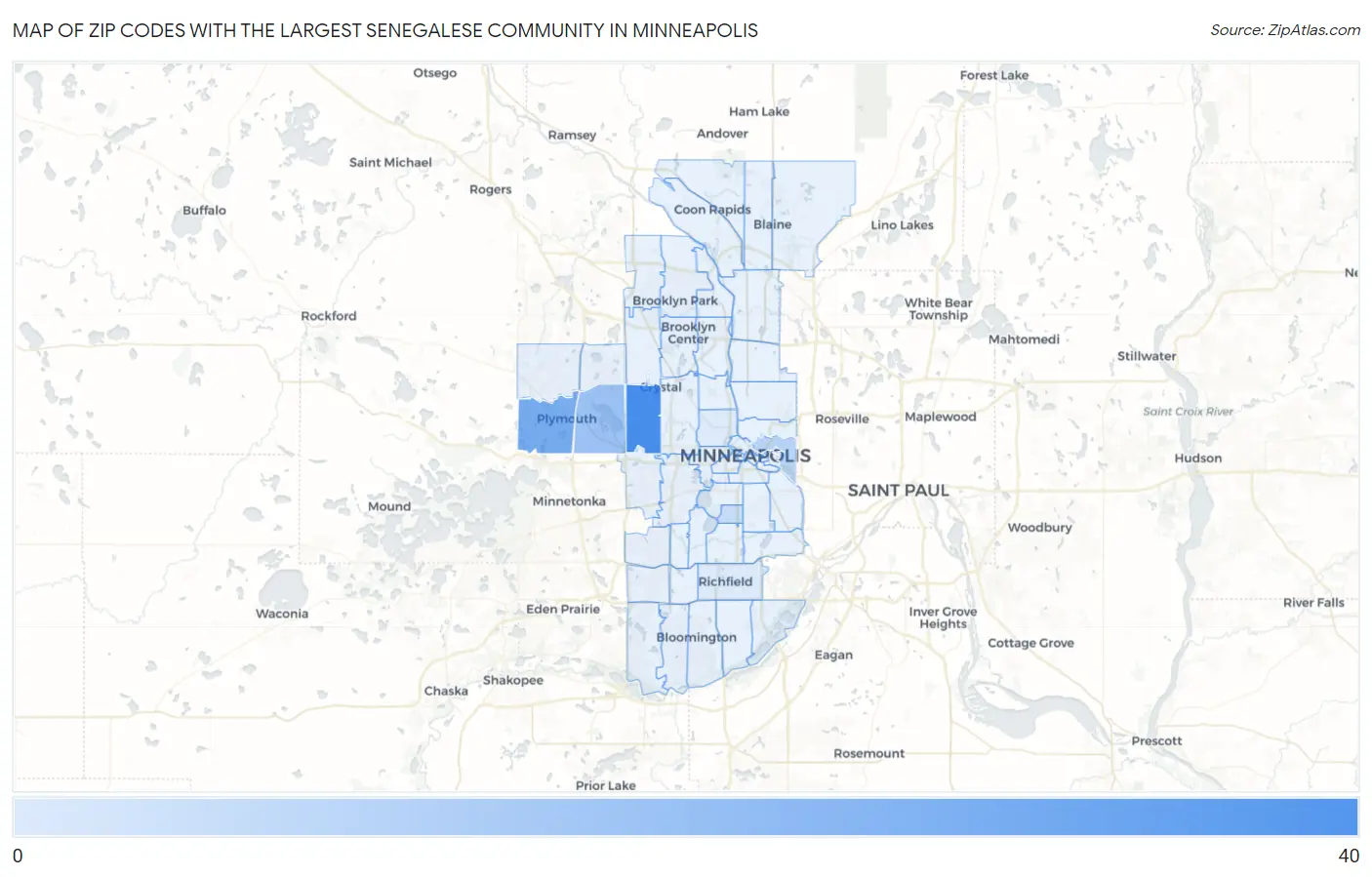 Zip Codes with the Largest Senegalese Community in Minneapolis Map