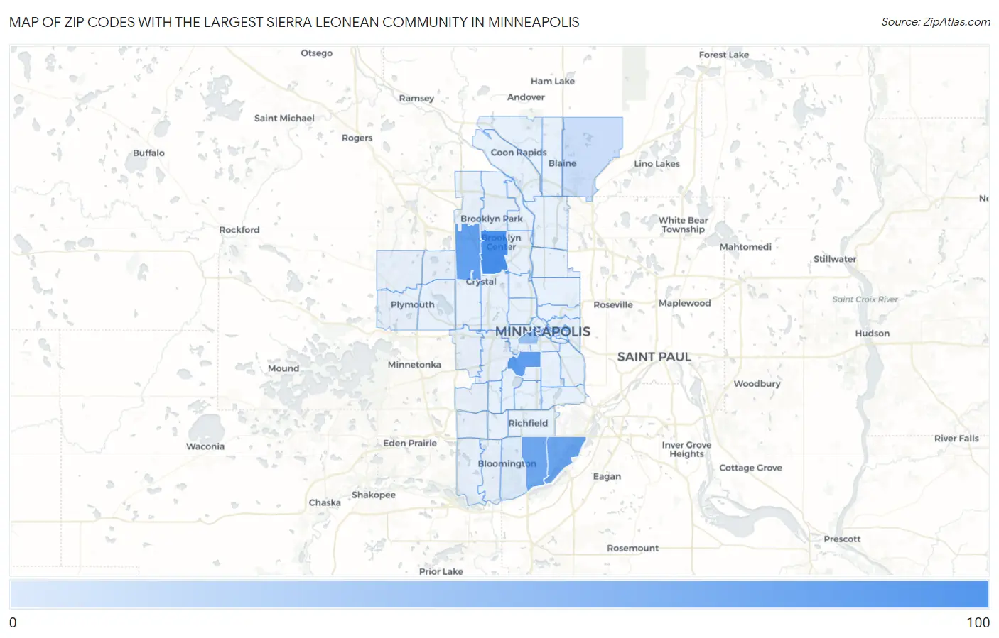 Zip Codes with the Largest Sierra Leonean Community in Minneapolis Map