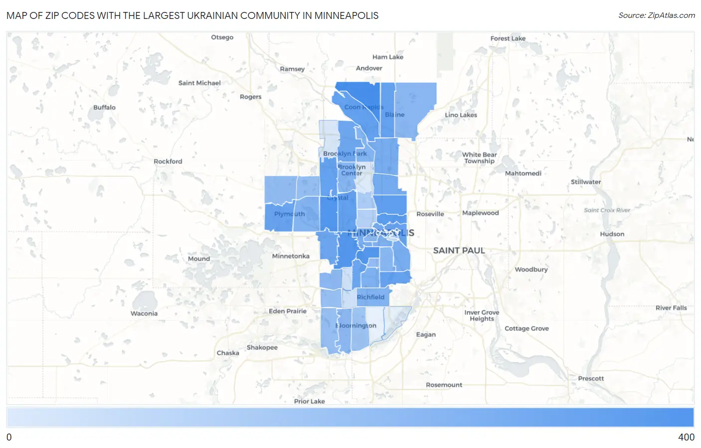 Zip Codes with the Largest Ukrainian Community in Minneapolis Map