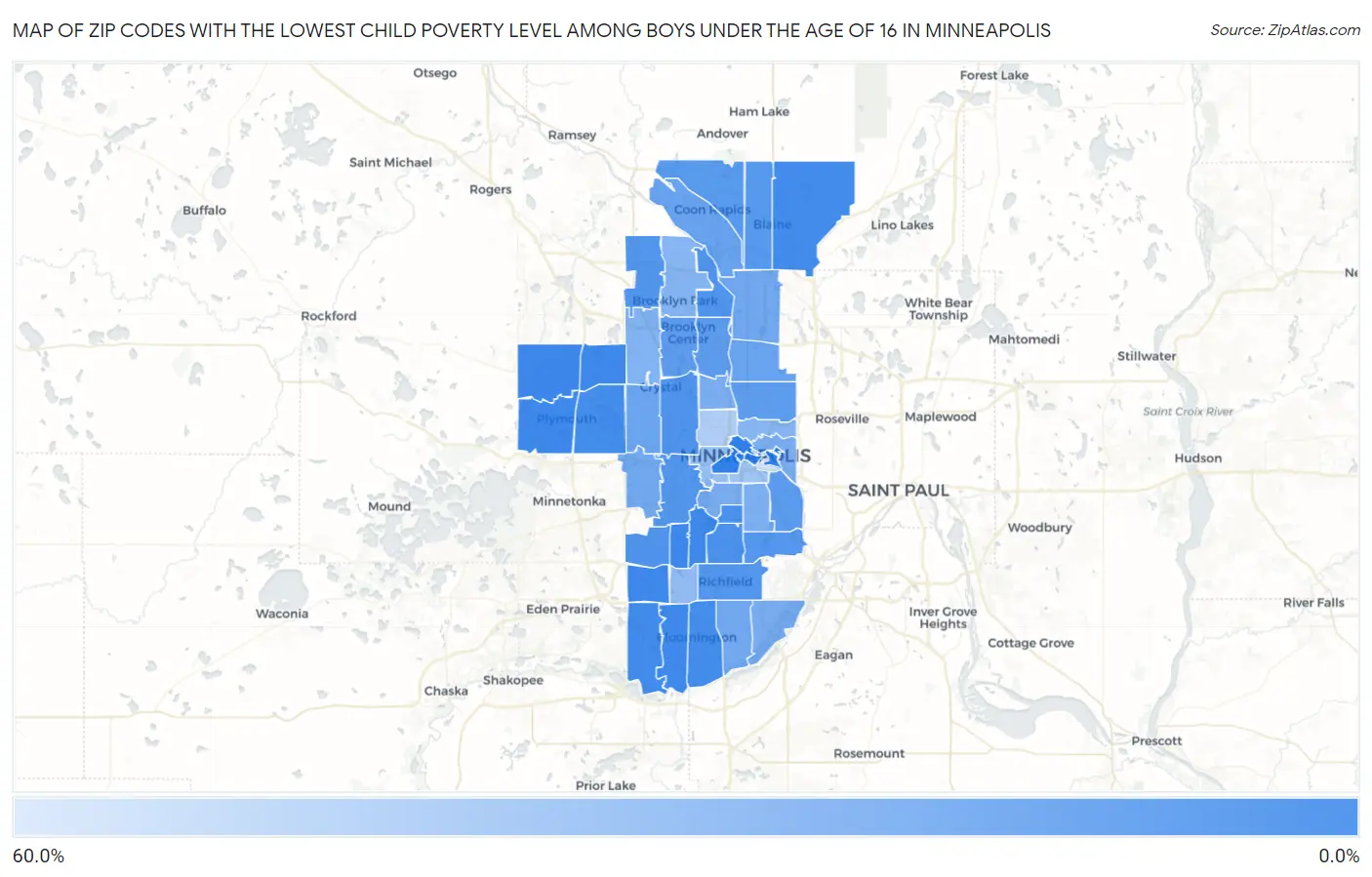 Zip Codes with the Lowest Child Poverty Level Among Boys Under the Age of 16 in Minneapolis Map