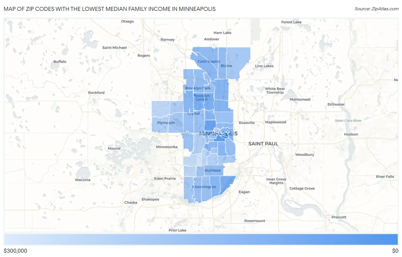 Zip Codes with the Lowest Median Family Income in Minneapolis Map