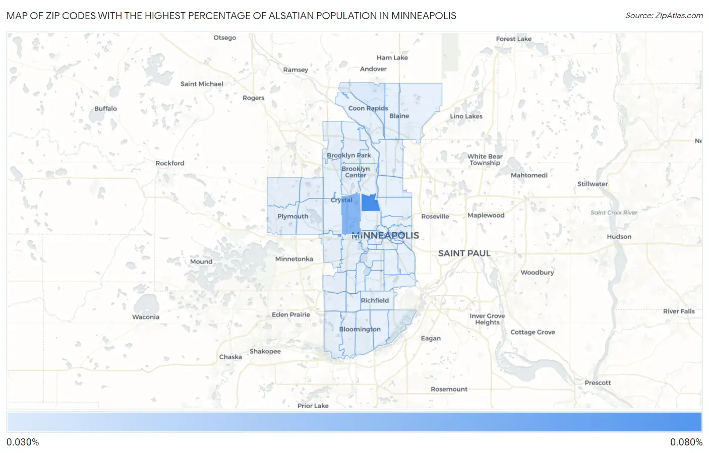 Zip Codes with the Highest Percentage of Alsatian Population in Minneapolis Map