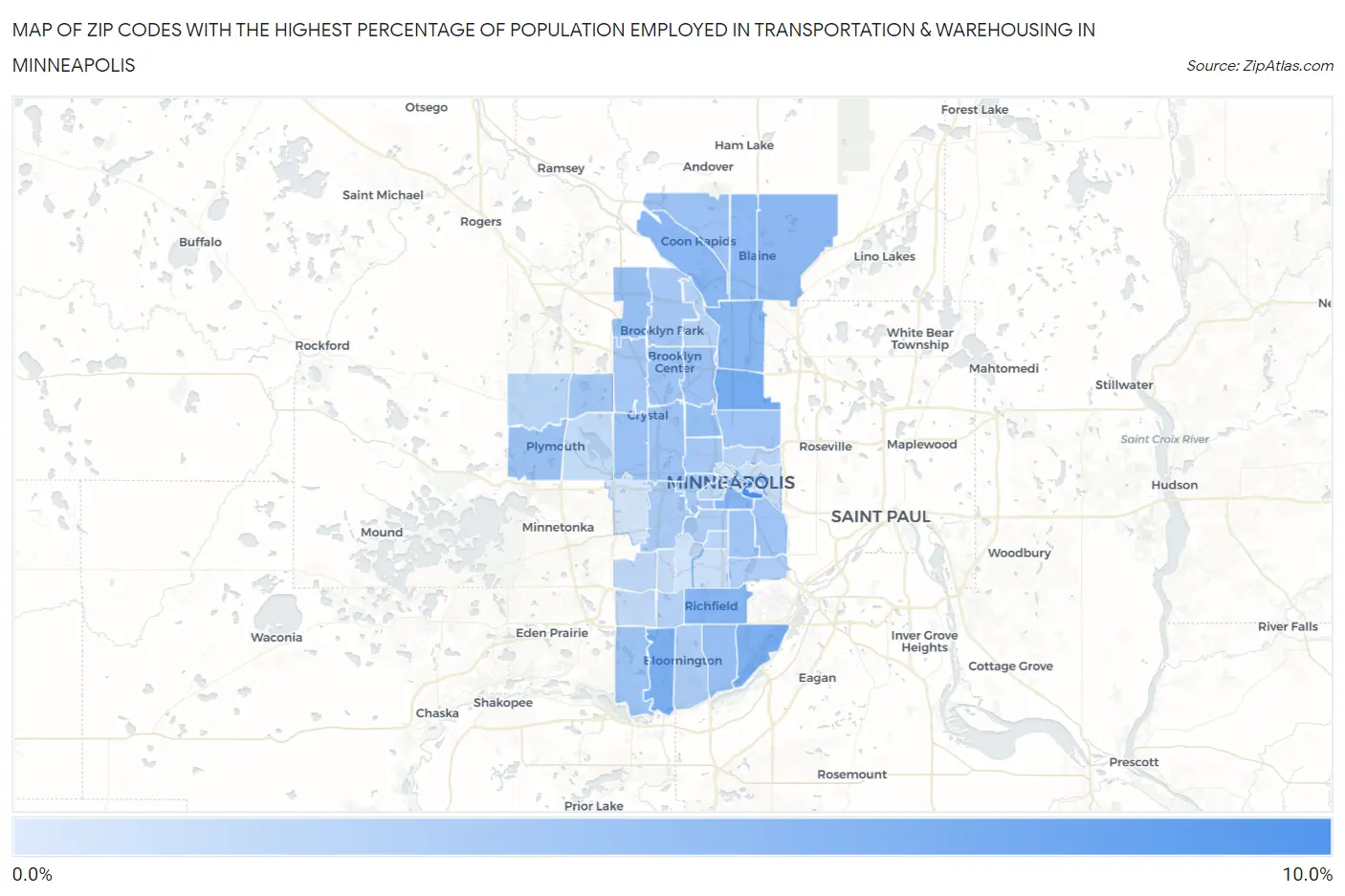Zip Codes with the Highest Percentage of Population Employed in Transportation & Warehousing in Minneapolis Map