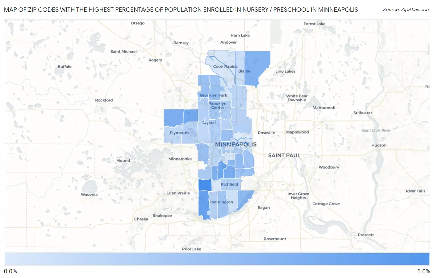 Zip Codes with the Highest Percentage of Population Enrolled in Nursery / Preschool in Minneapolis Map