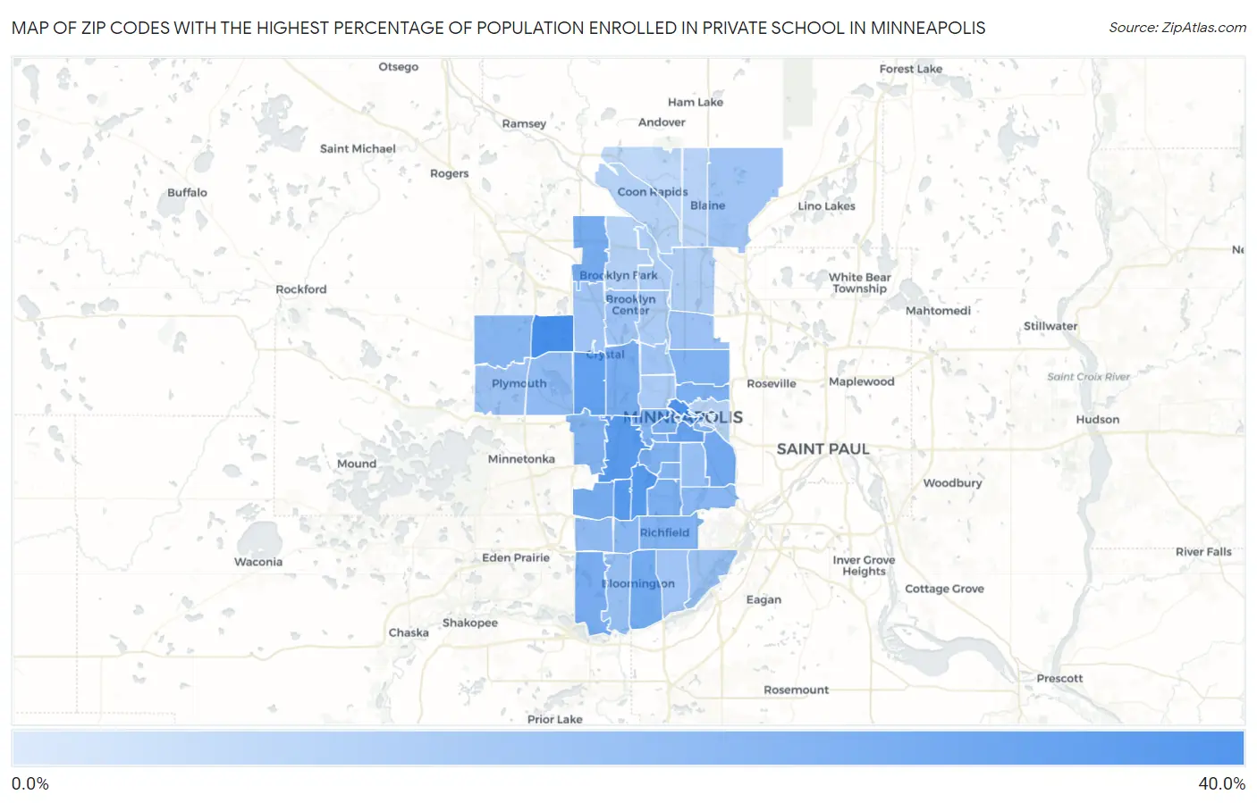 Zip Codes with the Highest Percentage of Population Enrolled in Private School in Minneapolis Map