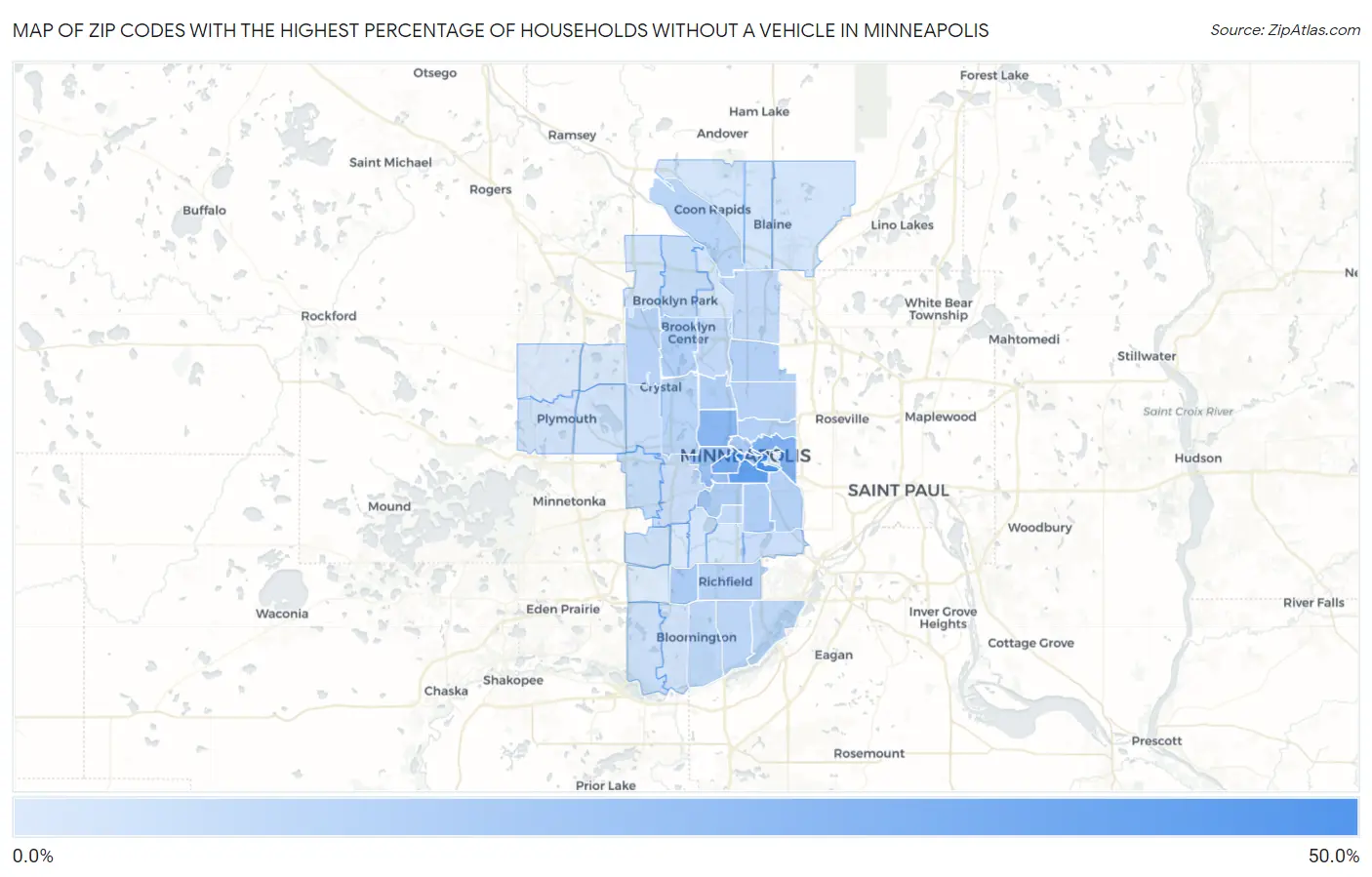 Zip Codes with the Highest Percentage of Households Without a Vehicle in Minneapolis Map