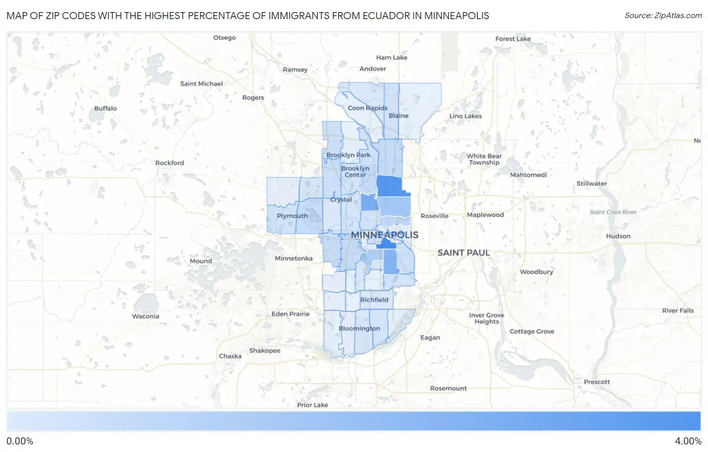 Zip Codes with the Highest Percentage of Immigrants from Ecuador in Minneapolis Map