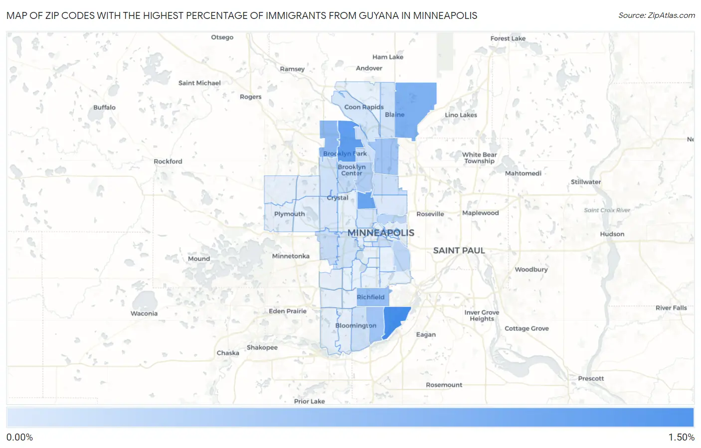 Zip Codes with the Highest Percentage of Immigrants from Guyana in Minneapolis Map
