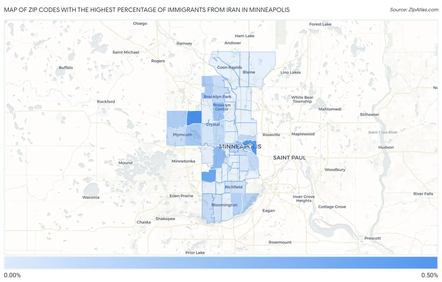 Zip Codes with the Highest Percentage of Immigrants from Iran in Minneapolis Map