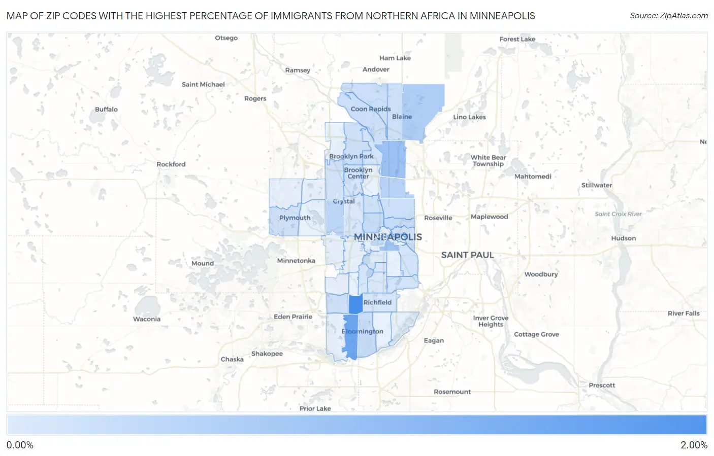Zip Codes with the Highest Percentage of Immigrants from Northern Africa in Minneapolis Map