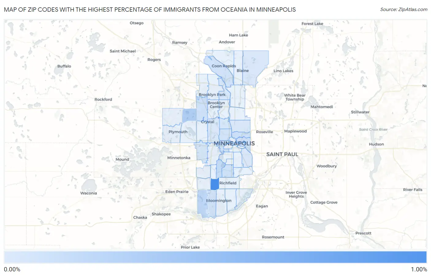 Zip Codes with the Highest Percentage of Immigrants from Oceania in Minneapolis Map