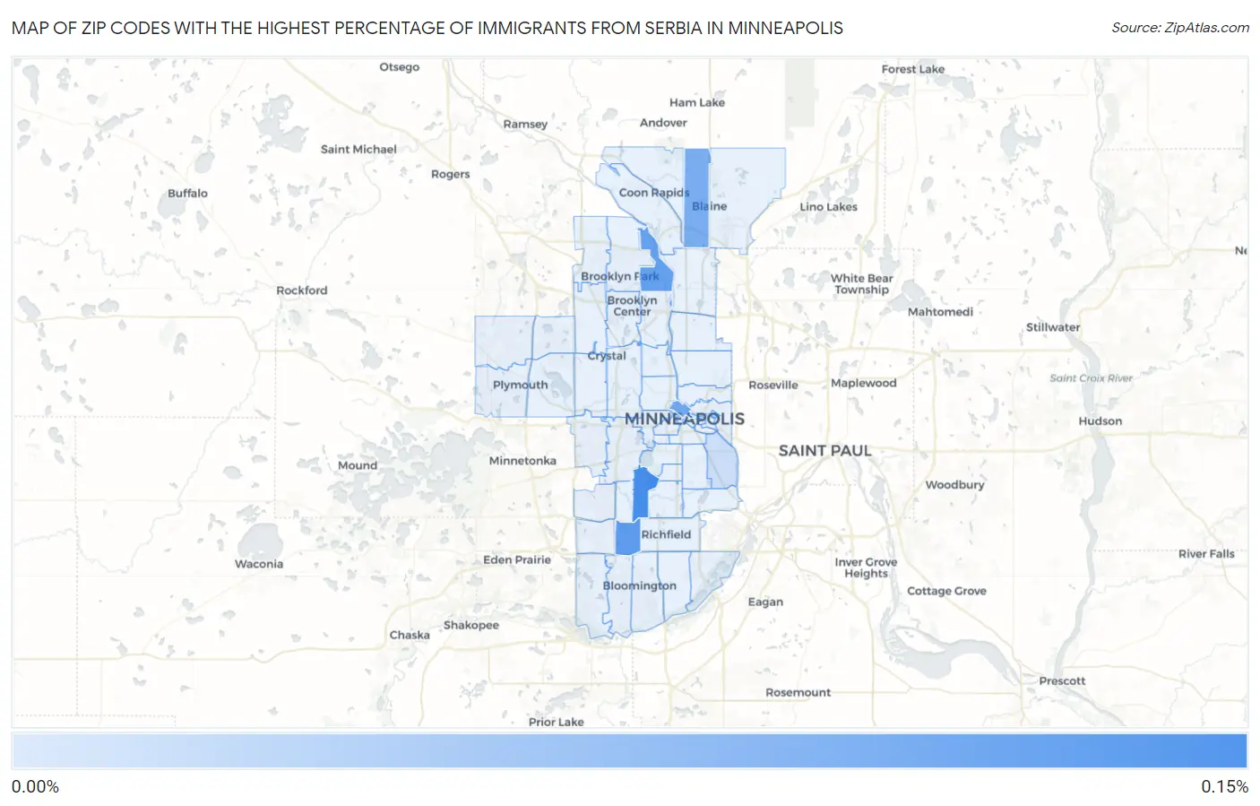 Zip Codes with the Highest Percentage of Immigrants from Serbia in Minneapolis Map