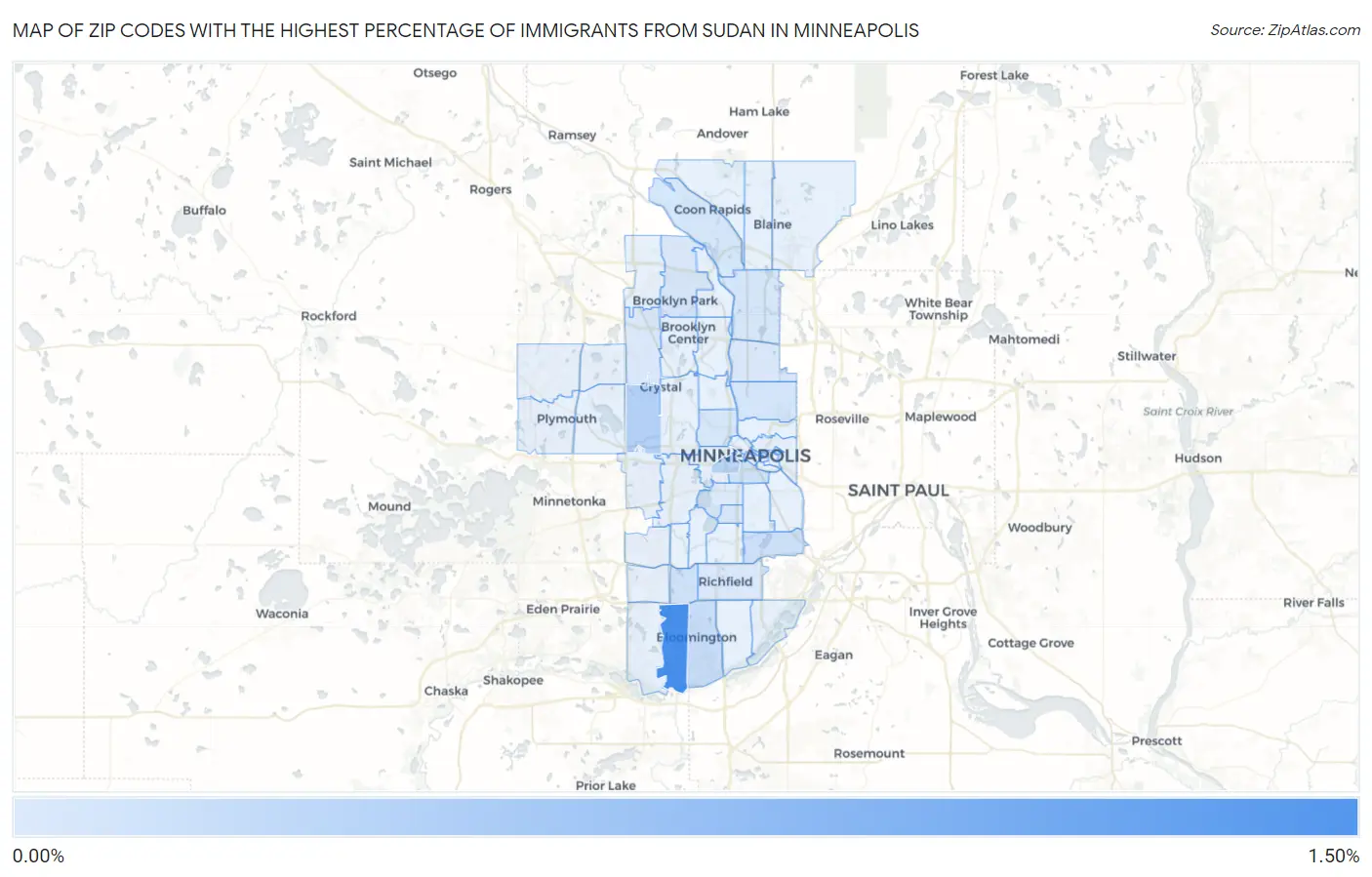 Zip Codes with the Highest Percentage of Immigrants from Sudan in Minneapolis Map