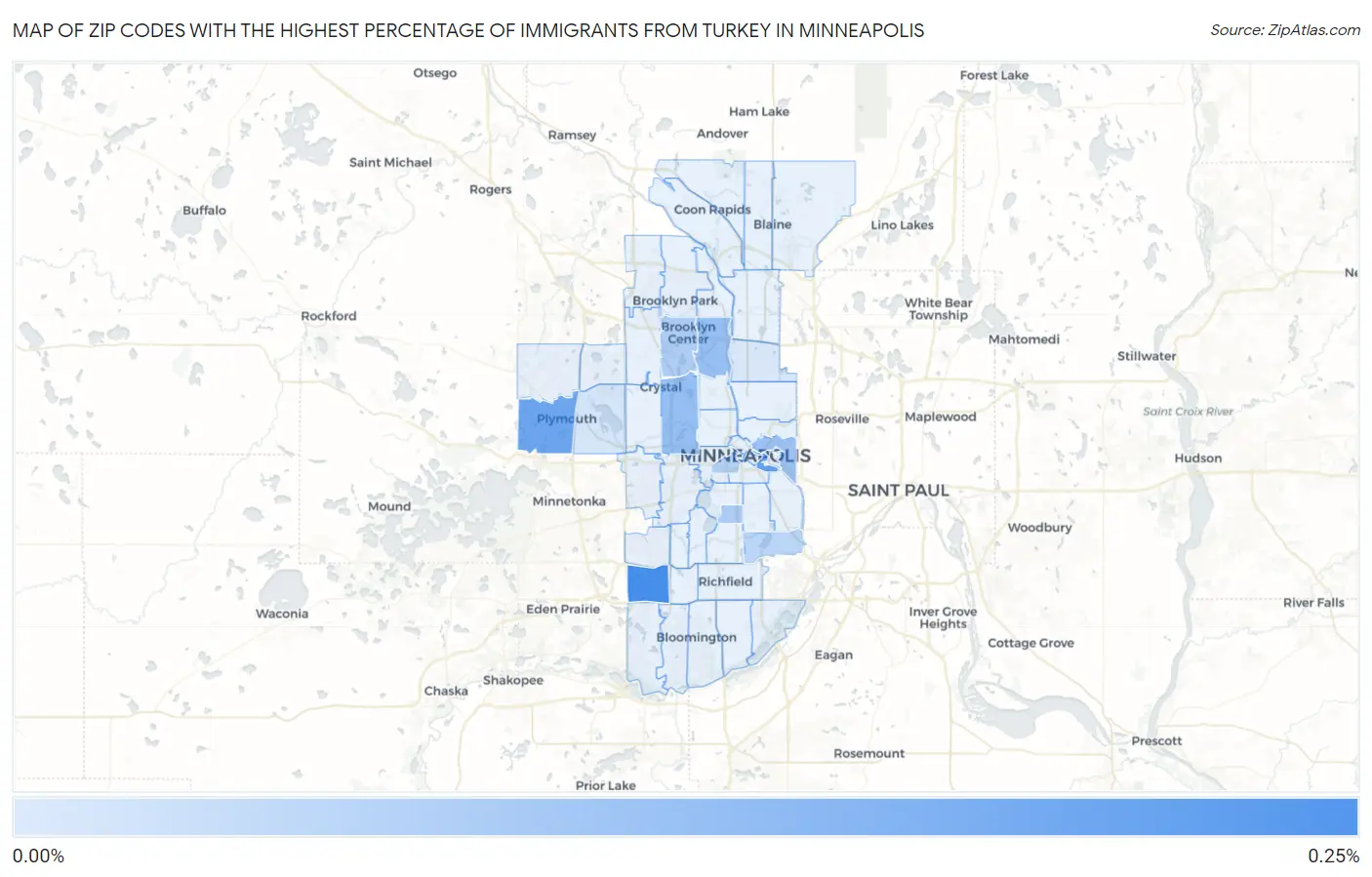 Zip Codes with the Highest Percentage of Immigrants from Turkey in Minneapolis Map