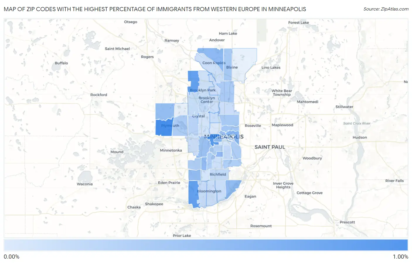 Zip Codes with the Highest Percentage of Immigrants from Western Europe in Minneapolis Map