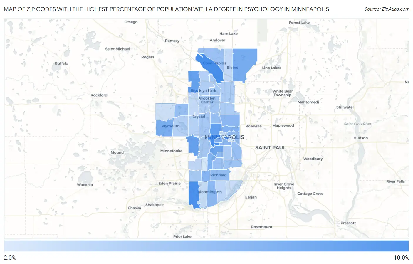 Zip Codes with the Highest Percentage of Population with a Degree in Psychology in Minneapolis Map