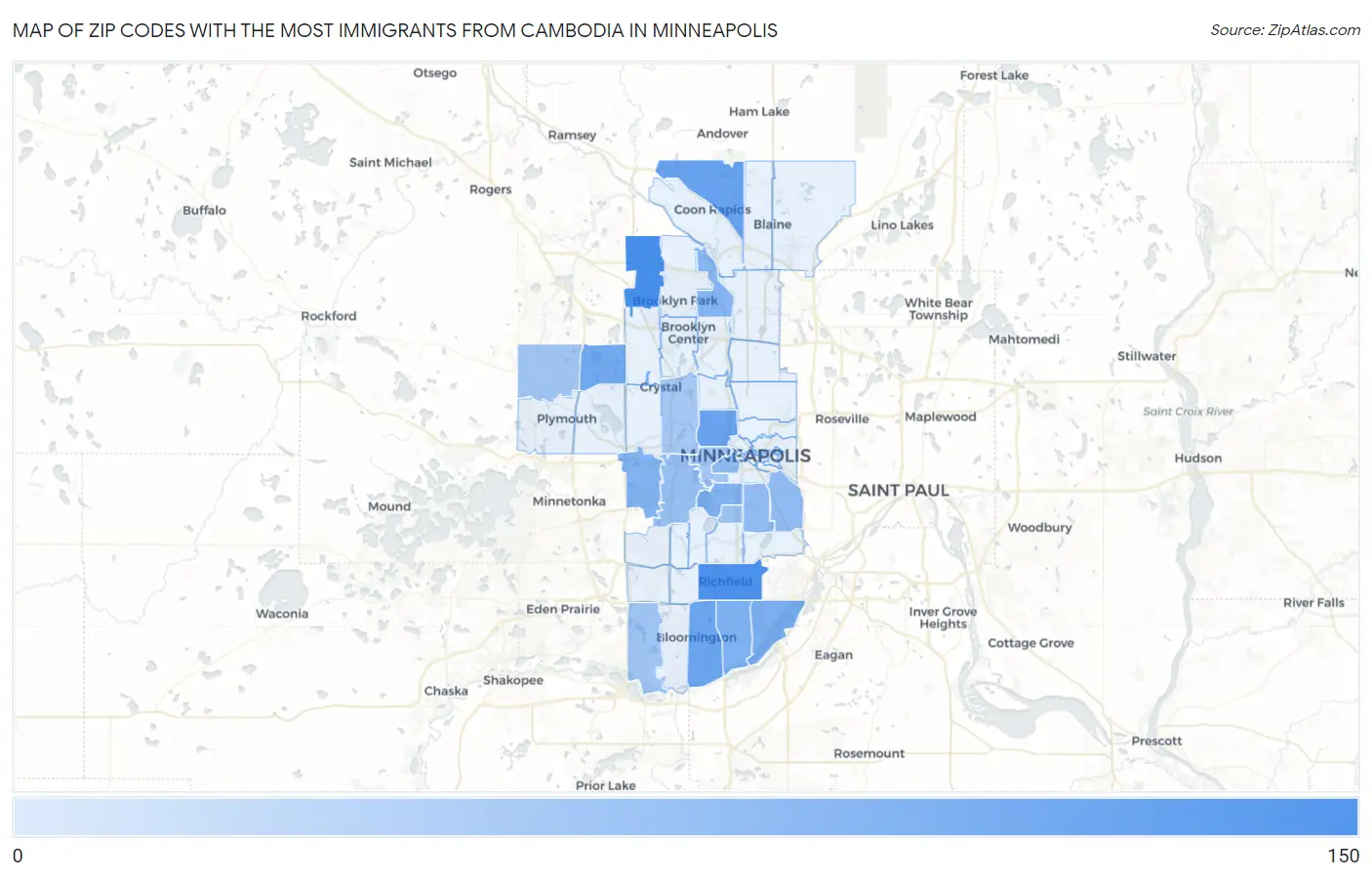 Zip Codes with the Most Immigrants from Cambodia in Minneapolis Map