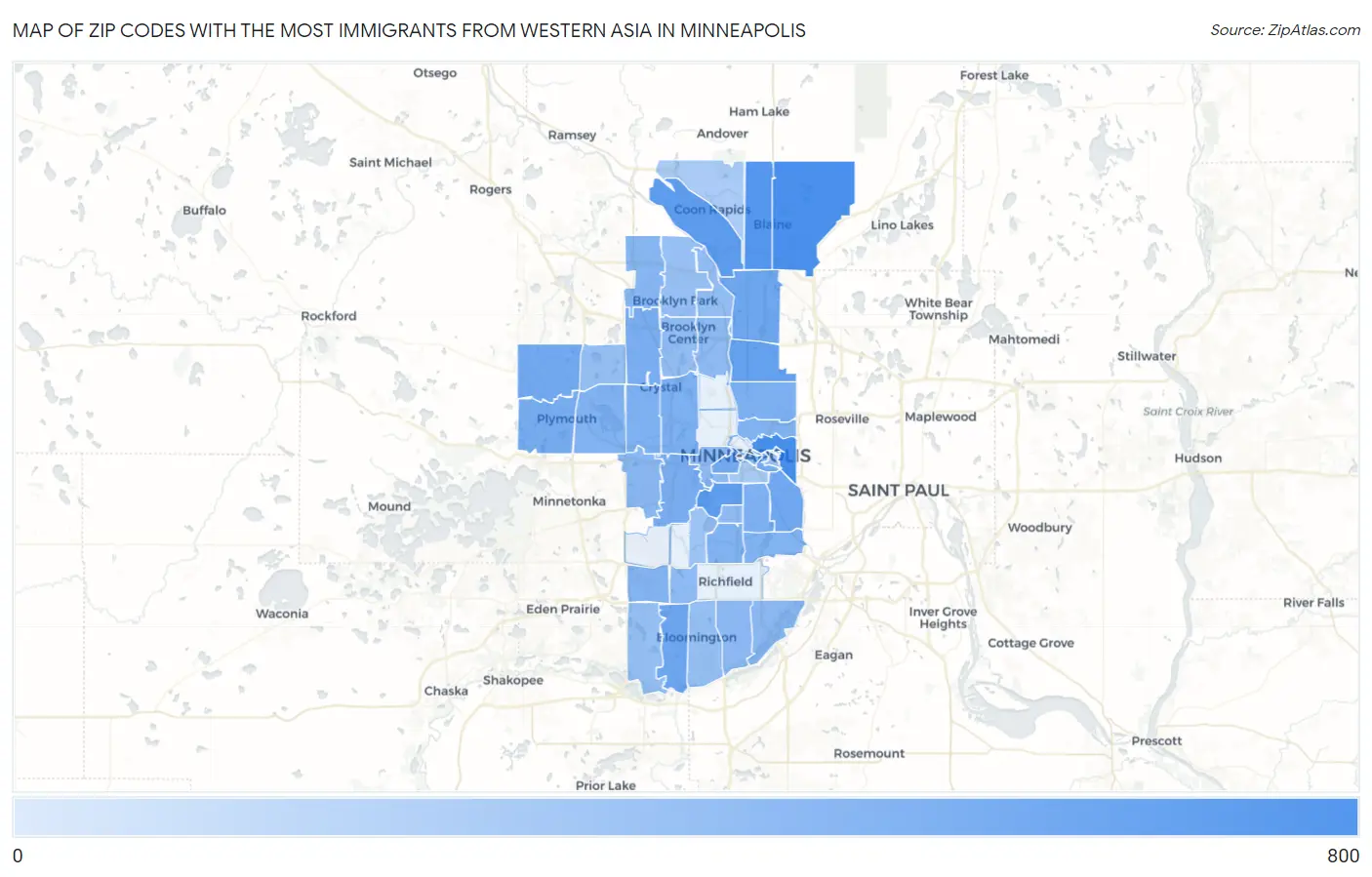 Zip Codes with the Most Immigrants from Western Asia in Minneapolis Map