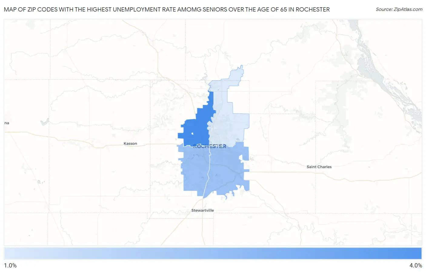 Zip Codes with the Highest Unemployment Rate Amomg Seniors Over the Age of 65 in Rochester Map
