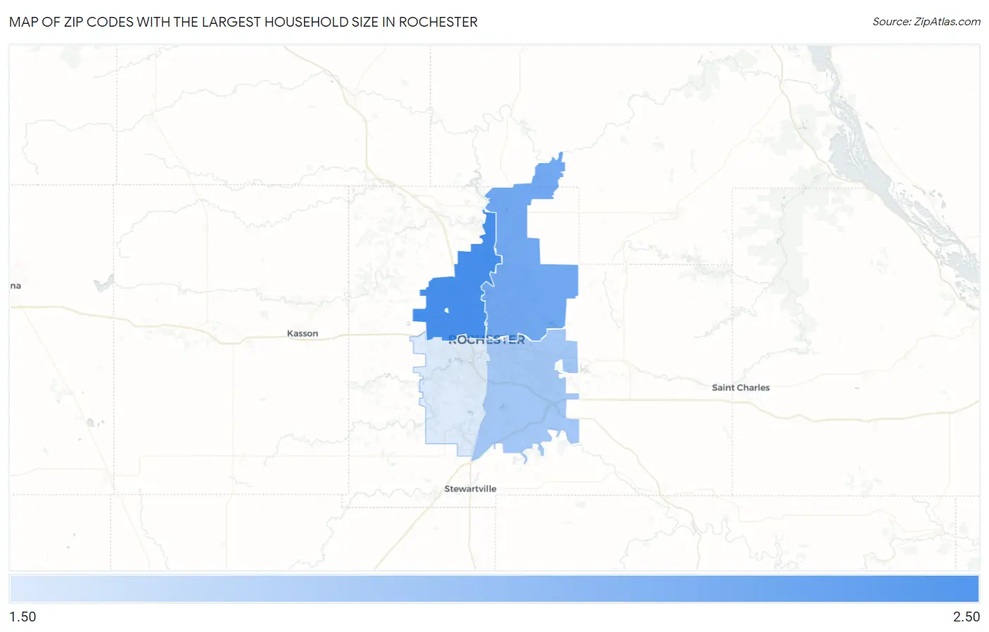 Zip Codes with the Largest Household Size in Rochester Map