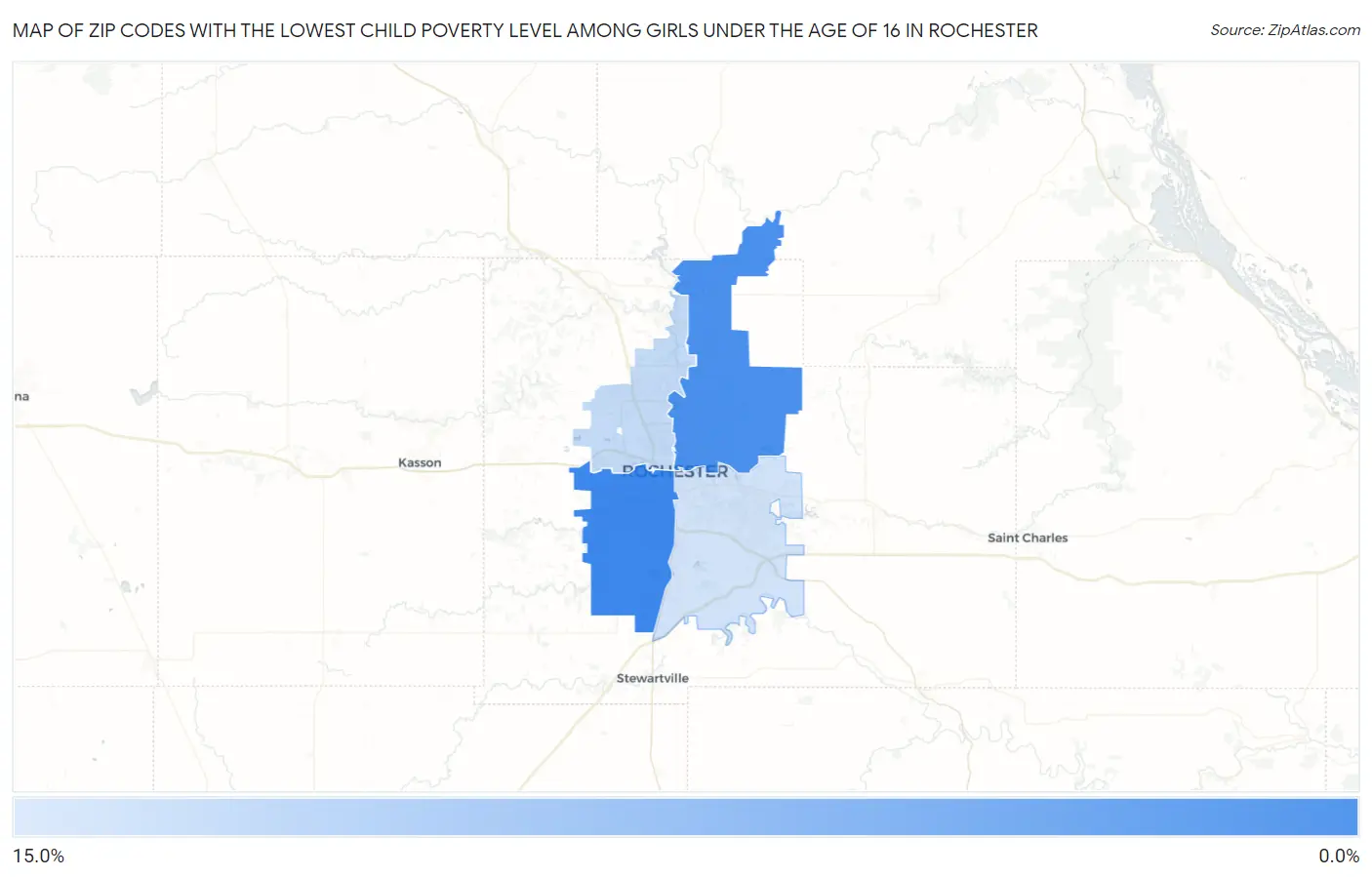 Zip Codes with the Lowest Child Poverty Level Among Girls Under the Age of 16 in Rochester Map