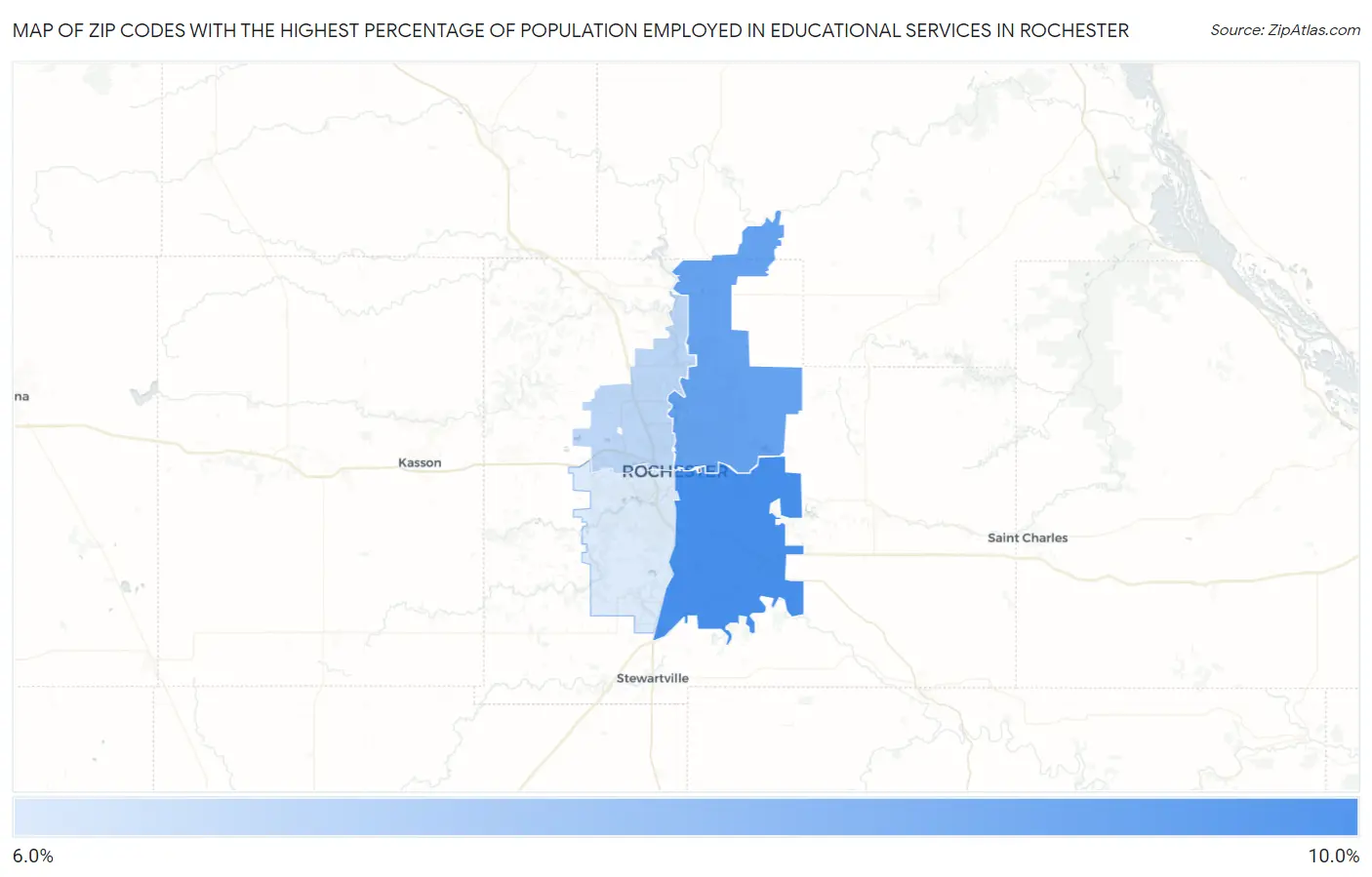 Zip Codes with the Highest Percentage of Population Employed in Educational Services in Rochester Map