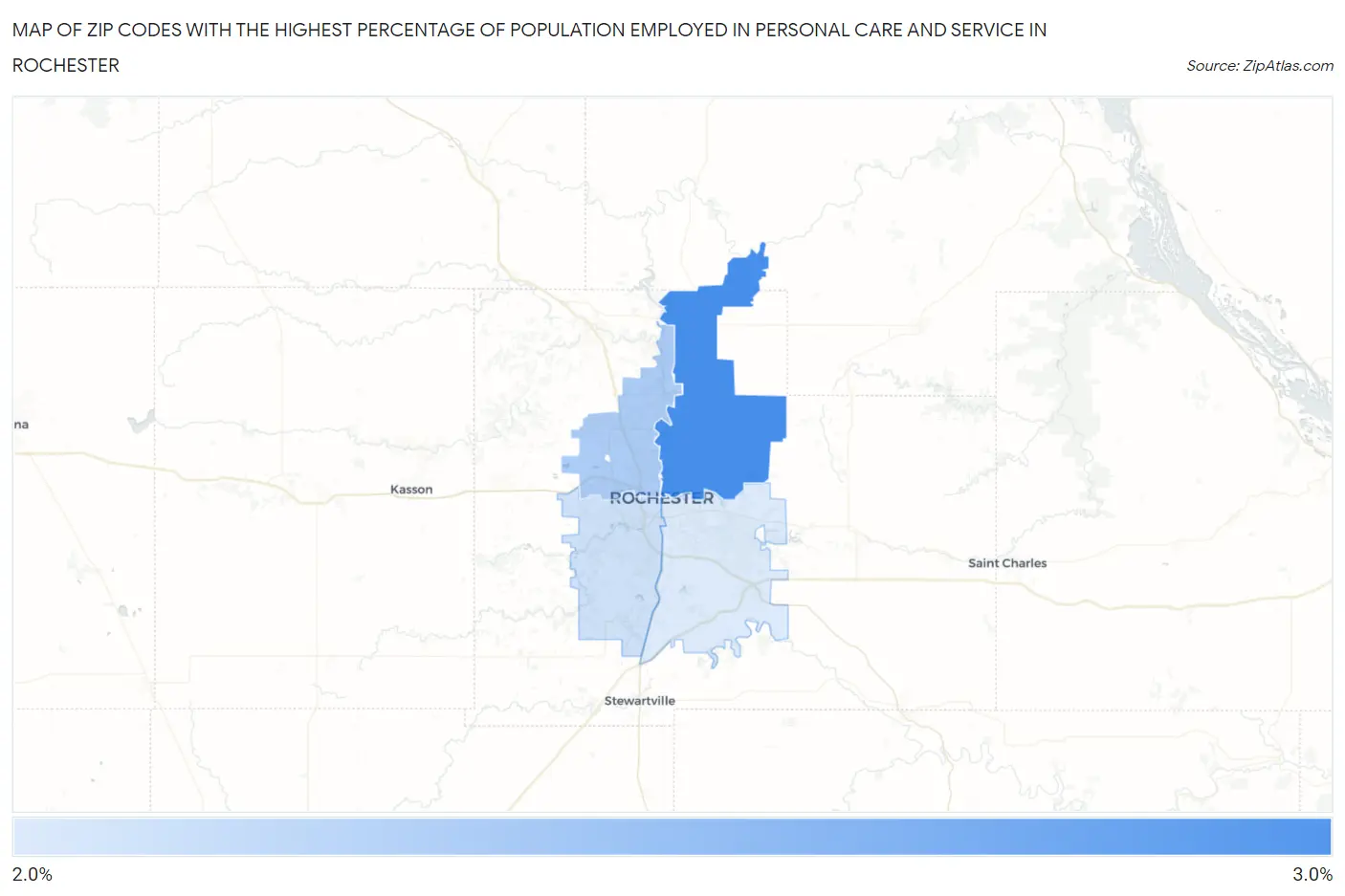 Zip Codes with the Highest Percentage of Population Employed in Personal Care and Service in Rochester Map