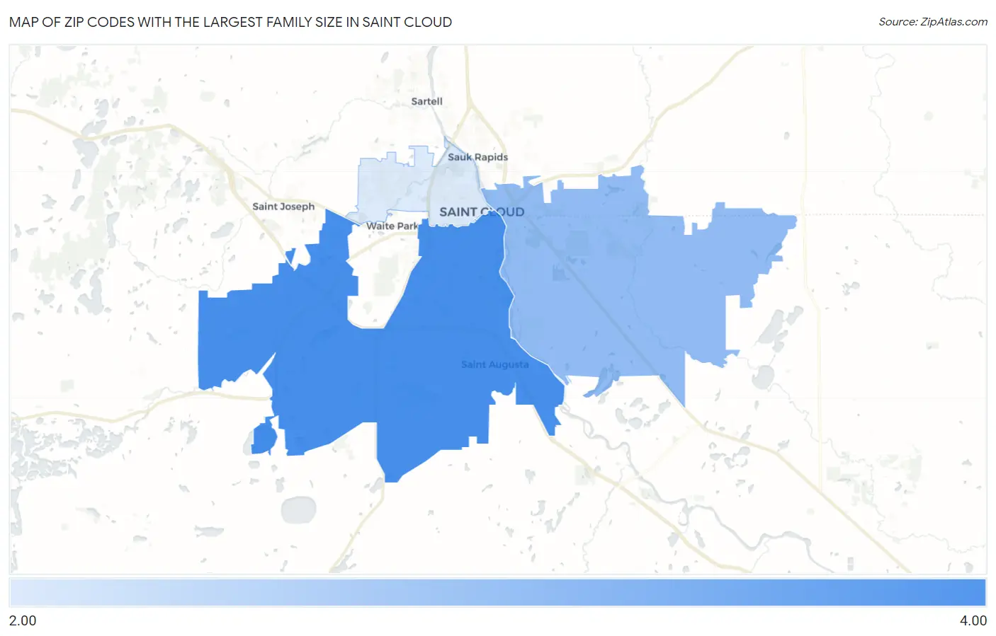 Zip Codes with the Largest Family Size in Saint Cloud Map