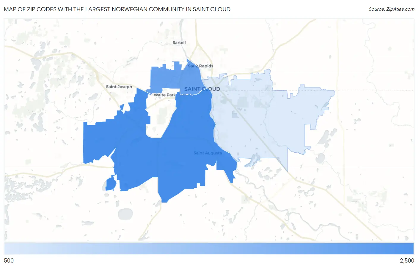 Zip Codes with the Largest Norwegian Community in Saint Cloud Map