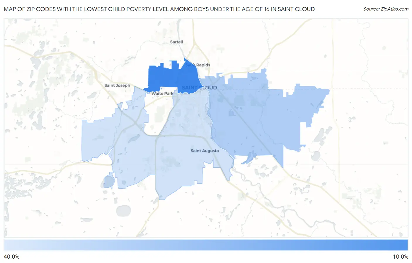 Zip Codes with the Lowest Child Poverty Level Among Boys Under the Age of 16 in Saint Cloud Map