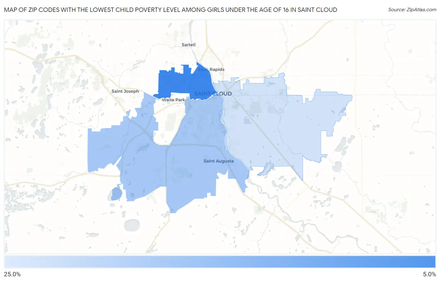 Zip Codes with the Lowest Child Poverty Level Among Girls Under the Age of 16 in Saint Cloud Map