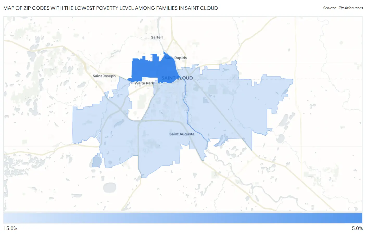 Zip Codes with the Lowest Poverty Level Among Families in Saint Cloud Map