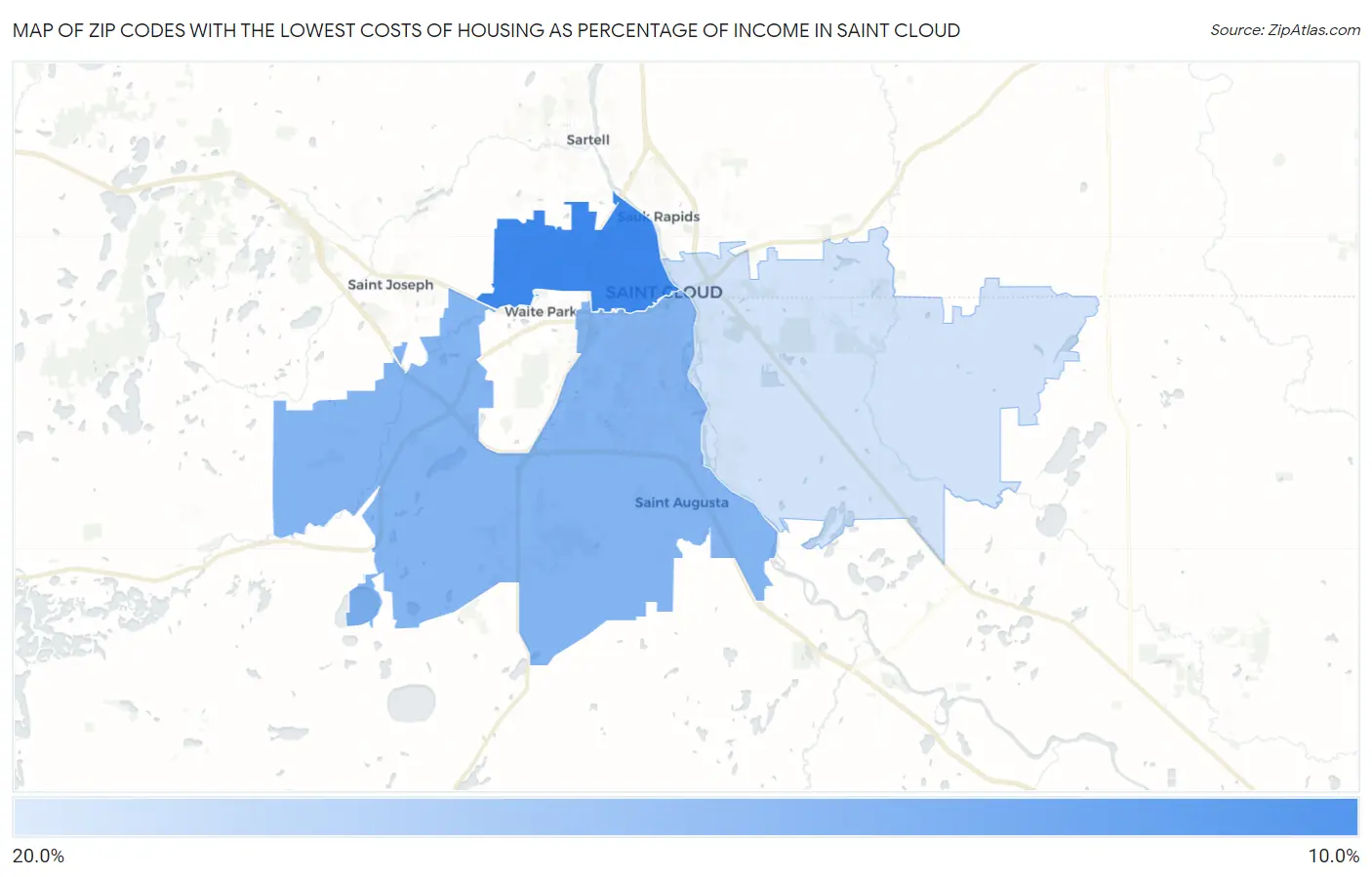 Zip Codes with the Lowest Costs of Housing as Percentage of Income in Saint Cloud Map