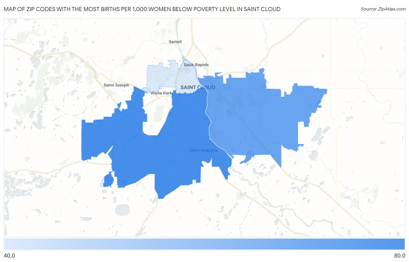 Zip Codes with the Most Births per 1,000 Women Below Poverty Level in Saint Cloud Map