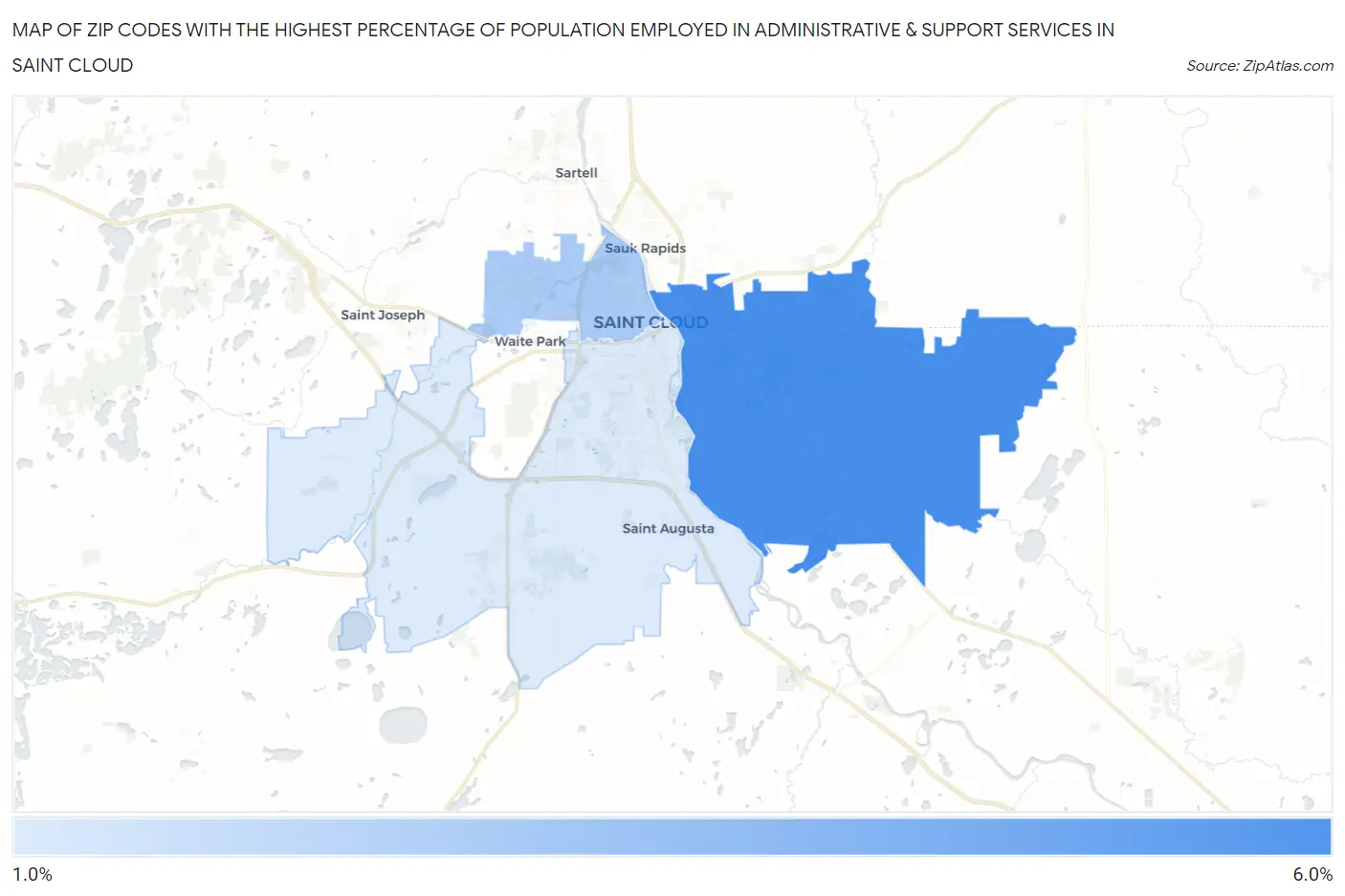 Zip Codes with the Highest Percentage of Population Employed in Administrative & Support Services in Saint Cloud Map