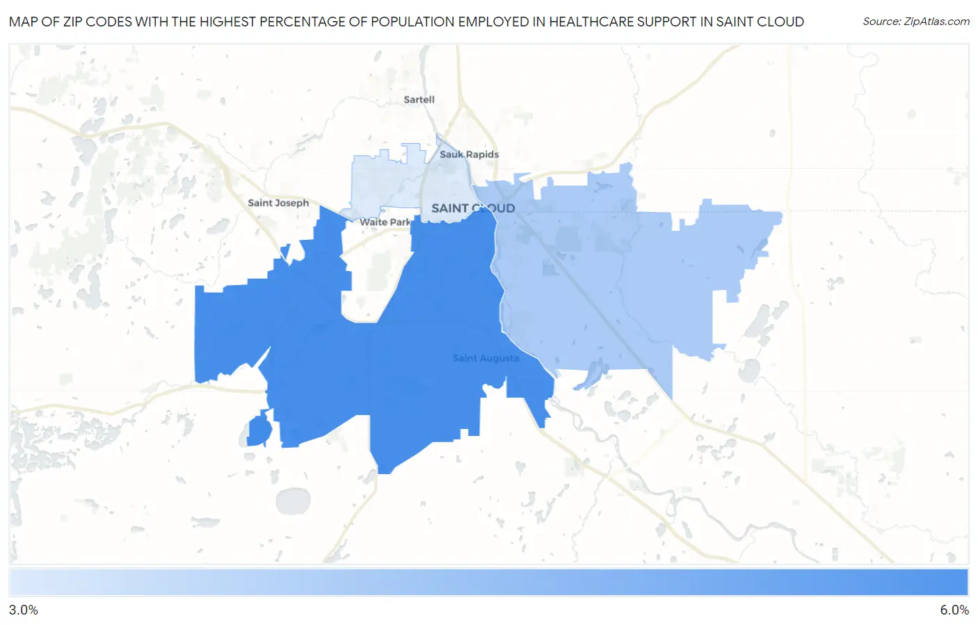 Zip Codes with the Highest Percentage of Population Employed in Healthcare Support in Saint Cloud Map