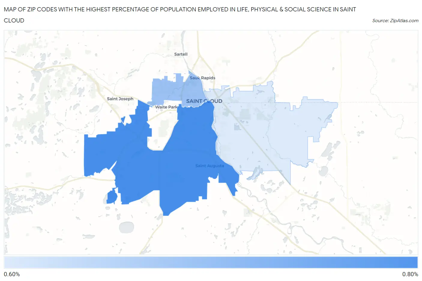 Zip Codes with the Highest Percentage of Population Employed in Life, Physical & Social Science in Saint Cloud Map