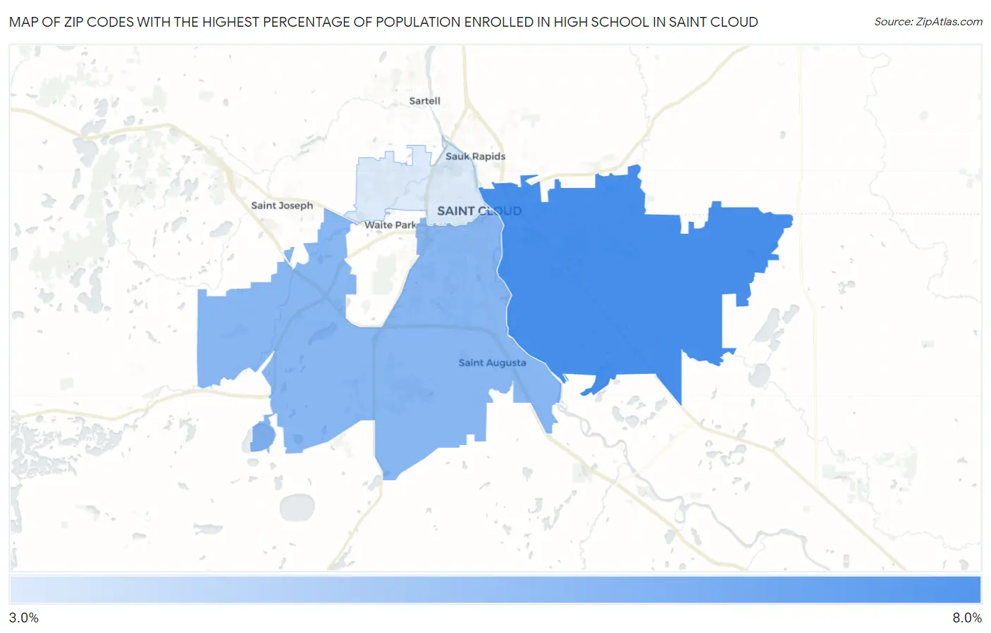 Zip Codes with the Highest Percentage of Population Enrolled in High School in Saint Cloud Map
