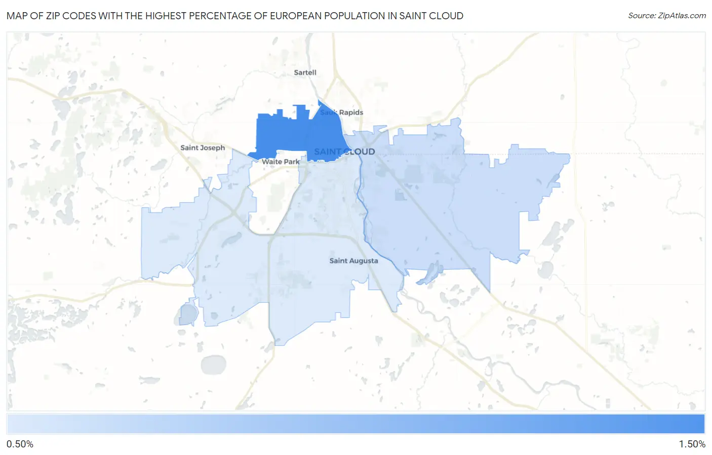 Zip Codes with the Highest Percentage of European Population in Saint Cloud Map