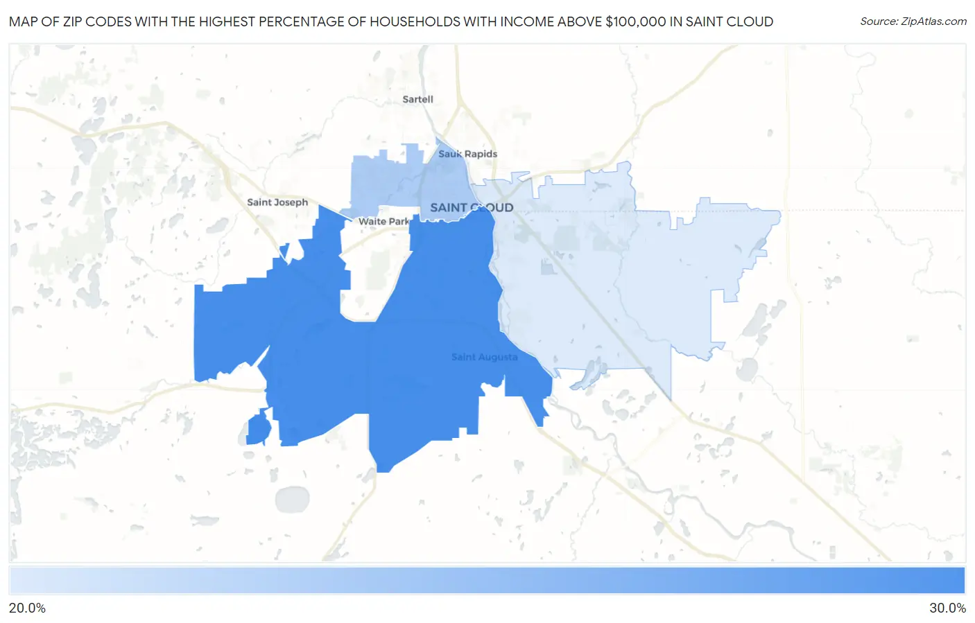 Zip Codes with the Highest Percentage of Households with Income Above $100,000 in Saint Cloud Map